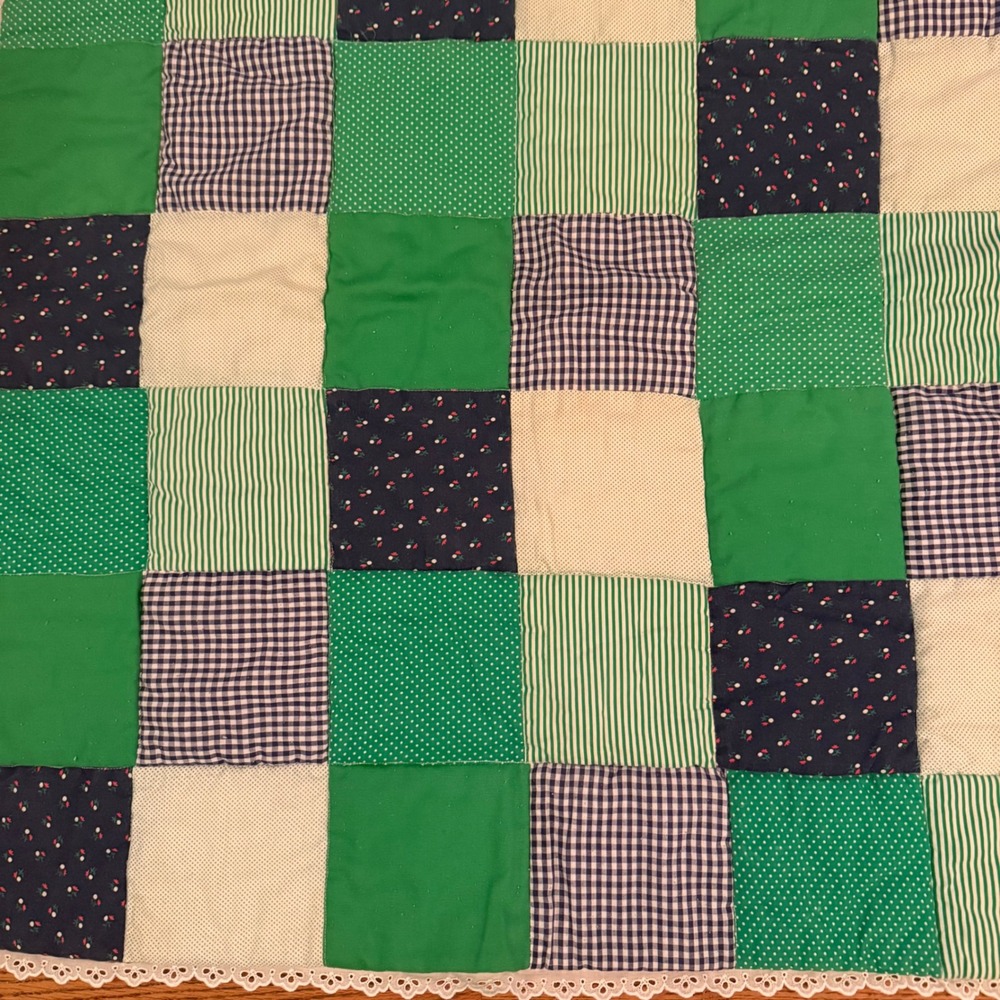 Small Pieced Patchwork Quilt Green Navy Gingham Floral Lace Trim 35.5x32